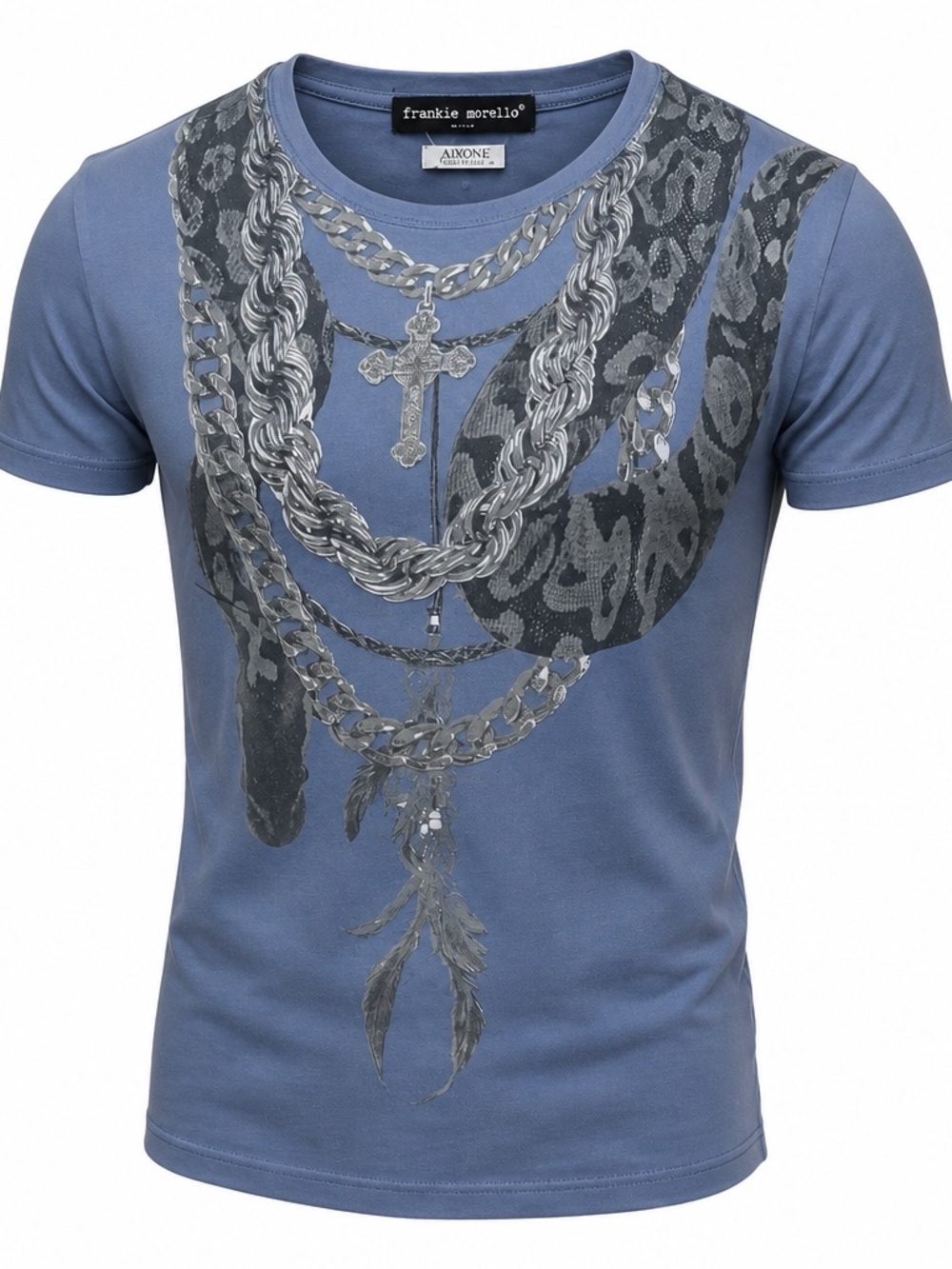 Frankie Morello Blue Short-Sleeve Graphic Chain & Snake Print Tee